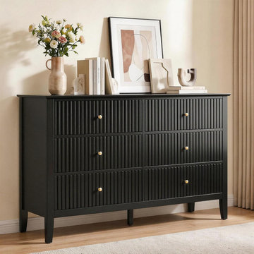 47" Black Fluted 6-Drawer Dresser - Modern Wood Chest for Bedroom & Living Room