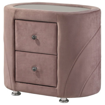 Contemporary Nightstand, Oval Shaped Design With Velvet Cover & 2 Drawers, Pink