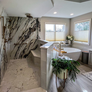 Master Bath with Refaced Vanity and Full Height Porcelain Tile Shower Walls
