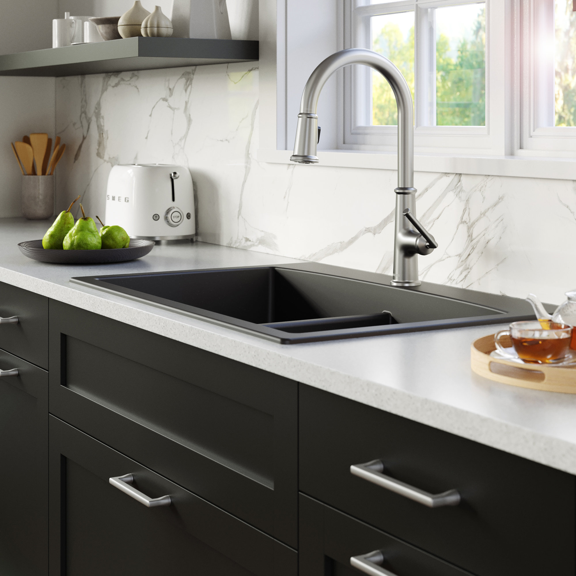 Karran Drop-in Quartz 33" 1-Hole 50/50 Double Bowl Sink Kit, Black