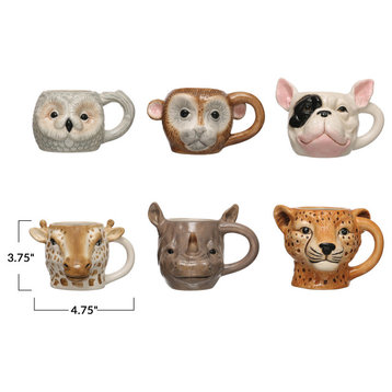5.25 Inches Dolomite Mug With Animal Head Designs, Multicolor, Set of 6