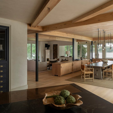 Antique Elm Box Beams and Paneling in Wabi-Sabi Lakeside Dining Room