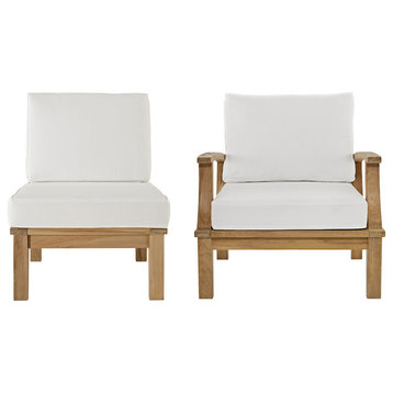 Modern Contemporary 2-Piece Set Outdoor Patio Teak Sofa Set, White, Fabric, Wood