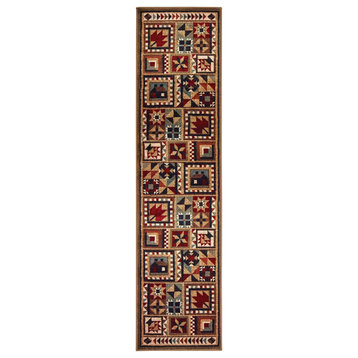 2'X8' Brown And Red Ikat Patchwork Runner Rug