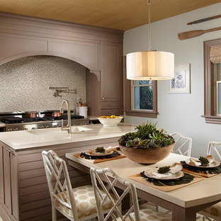 Mid-sized tropical enclosed kitchen ideas - Mid-sized island style single-wall marble floor enclosed kitchen photo in Miami with an undermount sink, shaker cabinets, gray cabinets, concrete countertops, blue backsplash, mosaic tile backsplash, stainless steel appliances and an island
