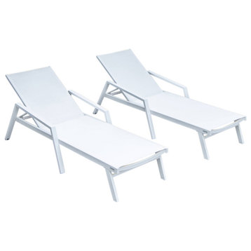 LeisureMod Marlin Patio Chaise Lounge Chair White Arms Set of 2, White
