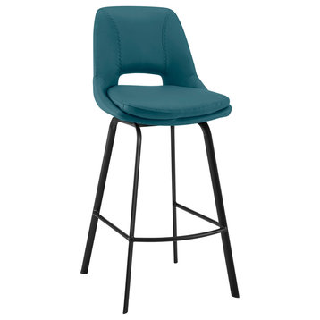 Carise Faux Leather and Metal Swivel Bar Stool, Black/Blue, Counter Height, 23-28"
