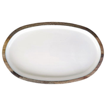 Oval Enameled Mango Wood Tray, White and Natural