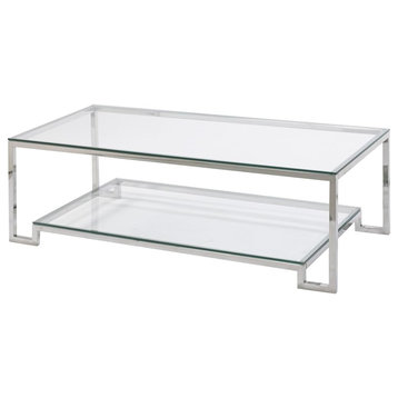 Modern Coffee Table, Stainless Steel Frame With Glass Top & Low Shelf, Metallic