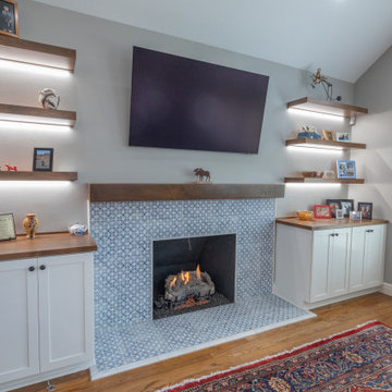 Porcelain Island Kitchen Remodel with Custom Built-Ins + Fireplace Feature