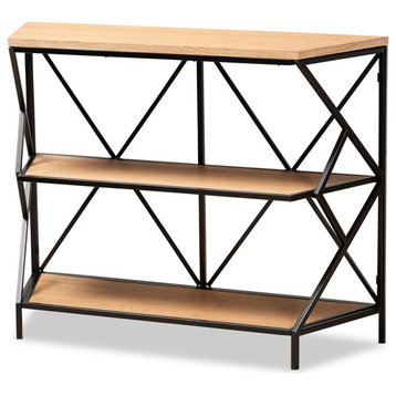 Modern Industrial Walnut Brown Finished Wood and Metal 3-Tier Console Table
