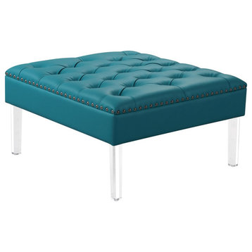 Elegant Ottoman, Acrylic Legs & Faux Leather Upholstery With Tufted Top, Aqua