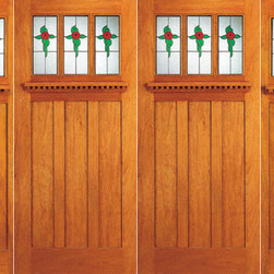 Three-Lite Stained Glass, Mahogany Craftsman Double Door , 2-Sidelites - Front Doors