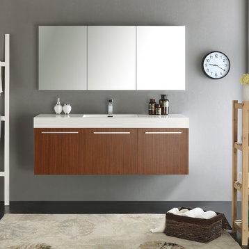 Fresca Vista 60" Wall Hung Single Sink Vanity With Medicine Cabinet, Teak