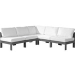 Meridian Furniture - Nizuc Water Resistant Patio L-Shaped Modular Sectional, White, 5-Piece: 4 Armless Chair, 1 Corner Chair, Dark Gray Aluminum Frame - Pick and choose your favorites from the Nizuc collection to create a modular seating group the whole gang will enjoy. The sturdy aluminum frame provides dependable support for friends and family as they relax and unwind, and the resilient white water resistant fabric stands up to the elements without losing its beautiful demeanor, so you can count on it lasting for the long haul. Latches beneath these seating pieces help you easily attach them to one another for convenient setup.