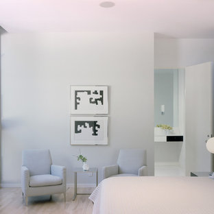 Foto de dormitorio principal, moderno, con paredes blancas y suelo de madera clara