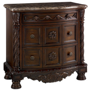 Benzara BM248120 Nightstand With 3 Drawer and Ornate Carved Applique, Brown