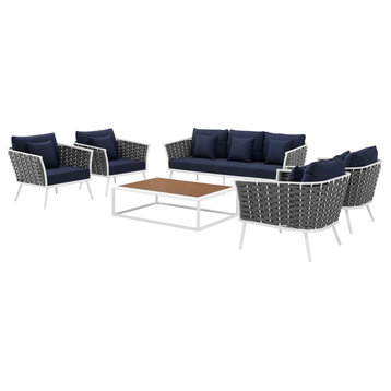 Modern Outdoor Sofa, Chair and Coffee Table Set, Aluminum Fabric, Navy White