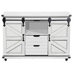 StyleCraft - Presley 2-Door 2-Drawer and Open Center Cabinet, Distressed White - The Presley cabinet is a rustic style piece with a natural white finish and black metal hardware. The cabinet has two barn-style rolling doors on either side of the center section that features an open shelf and two drawers. This beautiful cabinet adds a touch of country to your favorite room while providing ample storage space for media, books, or anything else you want to keep organized.