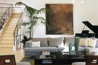 Example of a minimalist light wood floor family room design in San Francisco with white walls