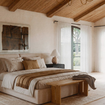Warm Neutral Bedroom with Wood Ceiling