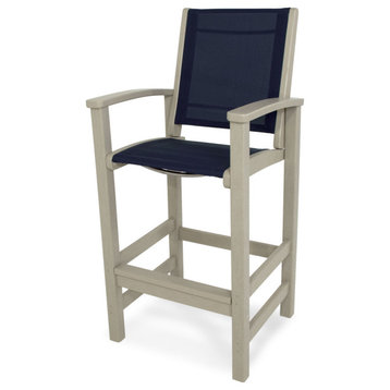 Polywood Coastal Bar Chair, Sand/Navy Blue Sling
