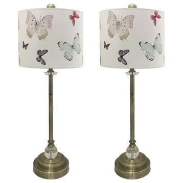 28" Crystal Buffet Lamp With Colorful Butterfly Shade, Antique Brass, Set of 2