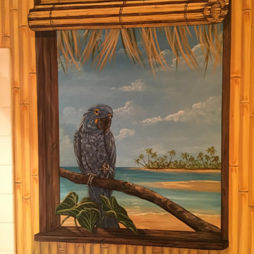 Polynesian Themed Mural thoughout a bathroom, hand-painted by Tom Taylor