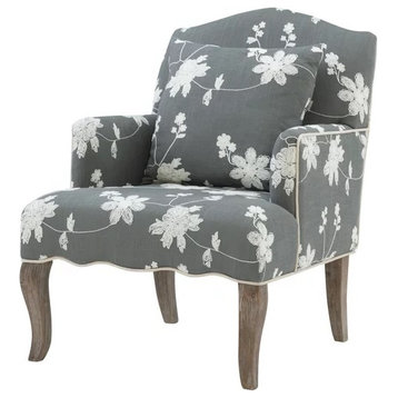Elegant Accent Chair, Oversized Seat With Floral Motif and Pillow, Gray/Cream