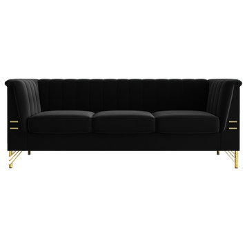 83.4'' Tuxedo Velvet Arm Sofa with Gold Leg, Black