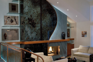 Mid-sized trendy formal and open concept living room photo in San Francisco with a standard fireplace and a tile fireplace