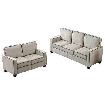 Stylish Corduroy Upholstered Sofa With Storage Sturdy, Beige, Set 2+3 Seat