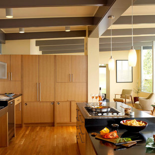 シアトルの大きいミッドセンチュリースタイルのおしゃれなキッチン (フラットパネル扉のキャビネット、淡色木目調キャビネット、御影石カウンター、シングルシンク、シルバーの調理設備の、無垢フローリング) の写真