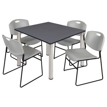 Kee 48" Square Breakroom Table- Grey/ Chrome & 4 Zeng Stack Chairs- Grey