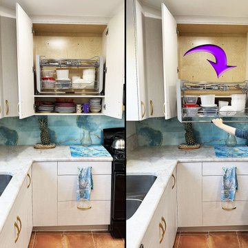 Pops of Color in Compact Kitchen: Turquoise and Terra Cotta