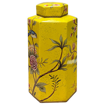 Bright Yellow Hexagonal Porcelain Flower Birds Graphic Vase Jar Hws2651