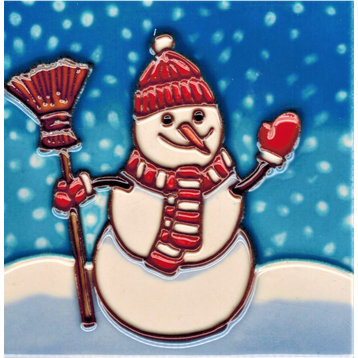 4x4" Snowman Holding a Broomstick Ceramic Art Tile Drink Holder Coaster