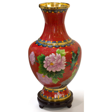 Blue and White Imperial Cloisonne Vase Parent, Red Bird and Flower