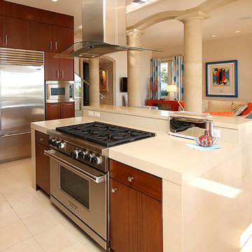Mahogany Kitchen, Marble Tiled Island, Concrete Countertops