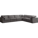 Meridian Furniture - Plush Velvet / Down Standard Comfort L-Shaped Modular Sectional, Gray, 6-Piece: 3 Armless Chair, 3 Corner Chair - No matter how big or little the size of your gang, they can all find their sweet spot when you choose pieces from the Plush collection to build your ideal seating group. Choose this six-piece set or pair multiple pieces together to get the custom look everyone will love. The soft grey velvet material is soft and welcoming to the touch, and the set's cushions are overstuffed with a down and feather blend to provide ample support for tired bodies.