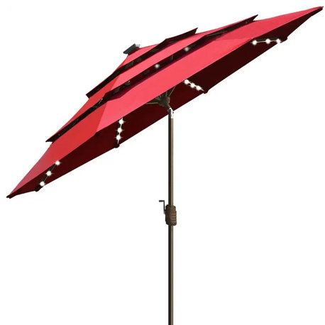 Patio Umbrella With LED Rib Lights and Fadeproof 3 Tier Fabric Canopy, Logo Red
