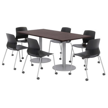 36 x 72" Table - 6 Lola Black Caster Chairs - Espresso Top - Silver Base