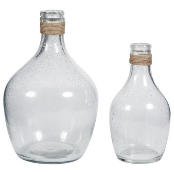 Benzara BM246950 Vase With Bottleneck and Rope Accent, 2-Piece Set, Clear