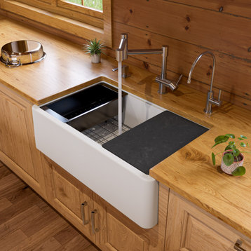 White 33" Granite Composite Single Bowl Drop In Farm Sink with Accessories