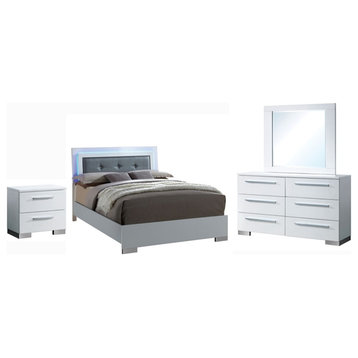 Bowery Hill 4pc Wood Bedroom Set - Queen+Nightstand+Dresser+Mirror in White