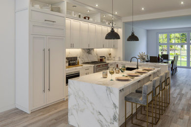 Example of a mid-sized transitional l-shaped light wood floor eat-in kitchen design in Toronto with a single-bowl sink, shaker cabinets, white cabinets, quartz countertops, white backsplash, quartz backsplash, paneled appliances, an island and white countertops