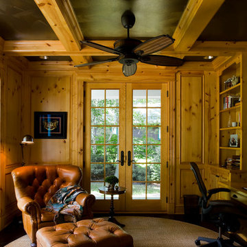 Stained Knotty Pine Library with Coffer Ceiling and Built In Bookshelves