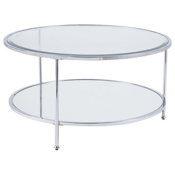 Contemporary Coffee Table, Sleek Chrome Frame With Glass Top & Mirrored Shelf