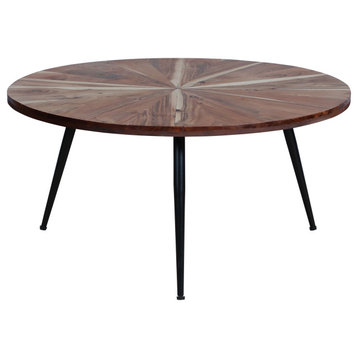 Benzara UPT-262390 31" Round Mango Wood Coffee Table Sunburst Design, Brown