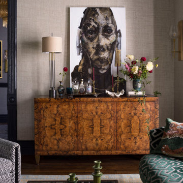 Burled Wood Sideboard with Contemporary Art